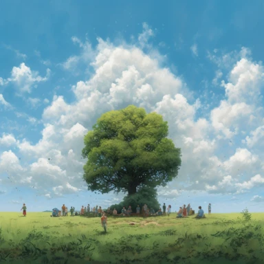 There is a beautiful green field with tall grass waving gently in the breeze. The sky above is a deep blue, dotted with fluffy white clouds. In the center of the field, there is a large tree with a wide, spreading canopy. The tree is surrounded by a group of people, all of whom are smiling and looking up at the tree with joy and wonder in their eyes. The tree itself is covered in small, brightly colored lights, which twinkle and sparkle in the sunlight. At the base of the tree, there is a pile o