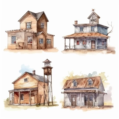 watercolor Old west style buildings, illustrations clipart set, simple, , cartoon elements ,different variants , separate elements with a margin