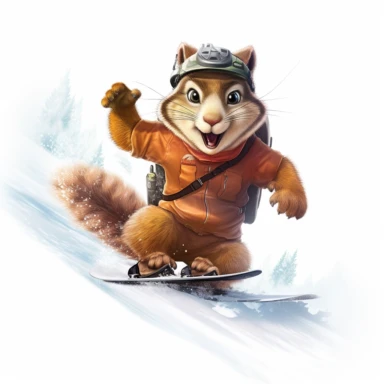 A squirrel wearing ski gear, skiing down a snowy mountain slope with excitement on white background clipart