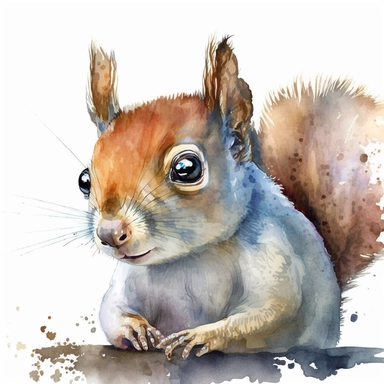 watercolor cute squirrel cub with bright blue eyes, animal illustrations, appropriation artist, aquarellist, album covers, disney animation, light maroon and light gold, precisionist art , clipart--ar 107:158