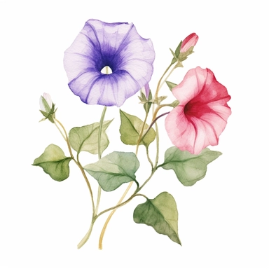 Watercolor clipart , simple, hand drawn doodle, cute, Morning Glory, flat vector illustration, vivid colors, white background