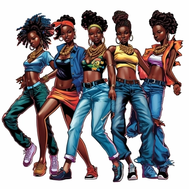 a extraordinary groups of Afrobeat girls: the enigmatic Black Magic Girls in stylish Hip Hop. With their unique powers and captivating styles, they create a revolution in music and fashion. Imagine a world where cute hairstyles, curved bodies, high heels, blue jeans, and coiled buns merge effortlessly with the mystique of black girl magic, clipart, and jewelry. In this inspired Jerry Pinkney illustration style, craft an unforgettable story of friendship, empowerment, and creativity. Explore the 