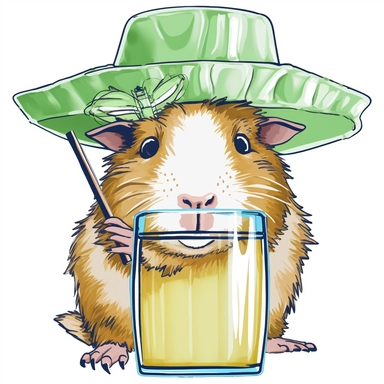hyper-detailed clipart illustration of a happy Guinea Pig, sitting on a beach chair, wearing sunglasses and sipping a cold drink with a funny hat and a tiny paper umbrella, extreme close-up view, isolated on white background with margins, Studio Ghibli-style,