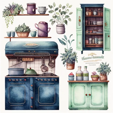 Watercolor Vintage cabinets in the kitchen, in delicate shades, watercolor, hyperrealism, high detail, separate elements, set, clipart