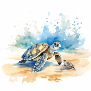 watercolor sea turtle and baby sea turtle on the sand in the ocean clipart, creative and detailed, white background