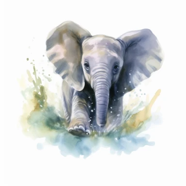 cute elephant calf, splashing joyfully in a river, its reflection shimmering, bold watercolor, clipart, on a white background