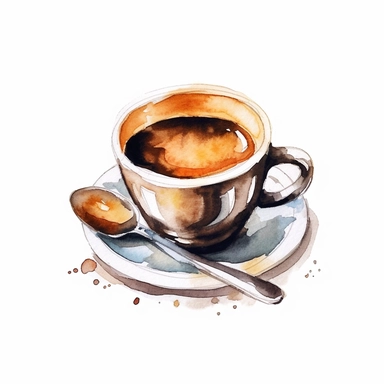 a watercolor clipart of an Espresso in a small cup, white background