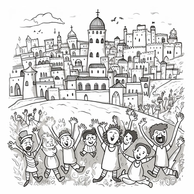 cute black and white clipart of jeruselum from the bible with happy people, suitable for a childrens books
