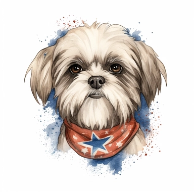 watercolor clipart illustration of a shih tzu wearing a bandana, red white and blue, hand painted details, clean and simple designs, solid background color, spaced out