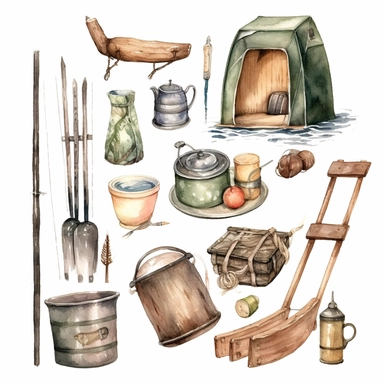 Watercolor hand drawing set fishing, Father's Day, Wooden boat, iron rustic bucket, fishing rod, fish, worm, hook, reed. Camping. Isolated on white background. Clip art. Delicate colours