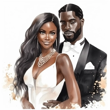 Black skin bride in a white wedding dress with diamonds and with beautiful jewelry, rich and glamour, long beautiful hair and the groom in a tuxedo smile watercolor clipart