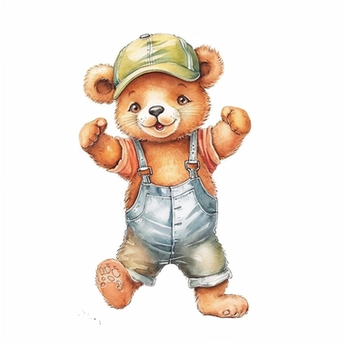 Cute baby bear clipart, happy expression, standing in dynamic pose, full body,2000s color scheme, wear a baseball cap, Graphic T-shirt, front view, in the style of watercolor cartoon clipart, kate greenaway style, high resolution, composition free space,watercolour clipart, watercolor illlustration for kids and children, isolated white background, clipart most popular on etsy, book illustration, featured on dribble, print on demand image, PNG tranparent background, composition medium shot, no te