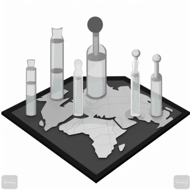clipart of a map with lab bottles on top, black and white, rinpa school, emiliano ponzi, greyscales palette, white background