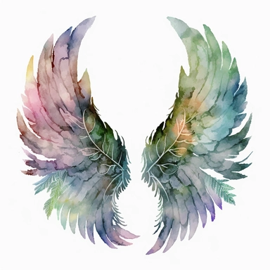 Angel Wings Watercolor Clipart adorning a celestial scene, where the wings seem to emerge from a mystical forest of enchantment. The background is filled with lush vegetation, featuring vibrant shades of green and dappled sunlight filtering through the leaves. The wings themselves exhibit a harmonious blend of colors, ranging from gentle blues and greens to delicate purples and pinks. The watercolor technique creates a soft and airy texture, capturing the ephemeral and otherworldly essence of th