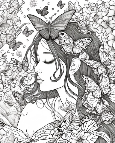 The coloring page features a girl surrounded by an array of psychedelic swirls and patterns, created using simple line art techniques. The girl is surrounded by a swarm of butterflies, adding an ethereal and dreamlike quality to the image. The design is filled with a variety of watercolor-related terminology, such as wash, blend, and color bleed, which give the image a sense of fluidity and movement. The colors used are bright and bold, with a range of pinks, purples, oranges, and yellows, that 