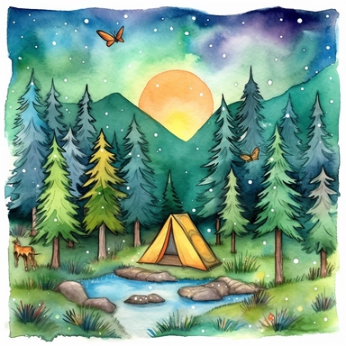 watercolor clipart painting of a Colorado mountain landscape, with evergreen pine trees, pinecones and sage green trees, with some yellow aspen trees and white birch trees, camping tent by a stream with rocks in the babbling brook, a butterfly and dragonfly, some birds, a sunset, hd, mystical and whimsical illustration with a little gold glitter and aurora borealis bubbles, with a few flowers and floral and botanical and ethereal elements, with white background,