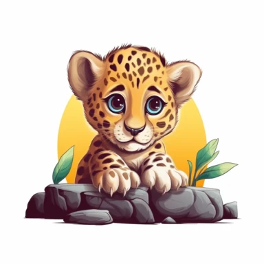 cute leopard cub, peeking out from behind a rock, bold colors, clipart, on a white background