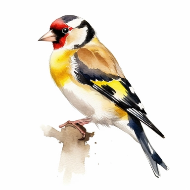 An enchanting watercolor clipart illustration of a European Goldfinch bird, set against a pristine white background. The artwork portrays the bird's vibrant and eye-catching features, with its bright yellow plumage beautifully contrasted against touches of black, white, and red. The watercolor technique adds a soft and ethereal quality to the illustration, with delicate brushstrokes that create a sense of movement and lightness. The European Goldfinch is depicted in a natural pose, capturing its