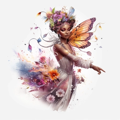 african american fairy, spring elements, sparkling magic dust sprinkling down, fantasy, magic, Fantasy Clipart, PNG Clipart, Illustration clipart, white background, vivid colour, 4K, extremely detailed
