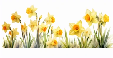 watercolor Fine Art flower row of narcissus watercolor, yellow color style, clipart, antique, magical, 16k, fantastic realism, enchanting athmosphere, white transparent background