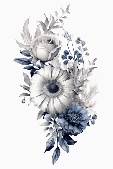 flower corner freebie floral border clipart, in the style of black and white realism, indigo and gray, uhd image, tattoo, monochromatic paintings, contemporary fairy tale, eye-catching detail