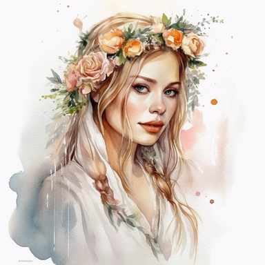 Glamorous and romantic realistic watercolor, the beautiful bride with long braided hair wearing intricate jewelry and, Juliet cap veil, on clean white background, translucent, delicate, with flowers, very delicate colors, watercolor clipart - - no watermarks, no text