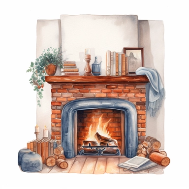 watercolor, hyper realistic, white background with margins, 8k, ultra detailed clipart, a cozy fireplace with logs burning and a mantel decorated with candles, books, and family photos, terracotta color
