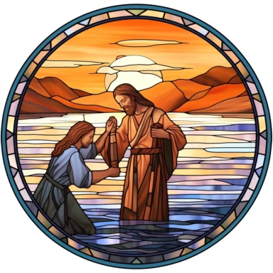 stained glass Jesus is being baptized by John the Baptist in the Jordan River, in the style of watercolor illustrations, mind-bending murals, hand-coloring, realistic depiction of light, decorative paintings, tondo, clipart, circular shape,