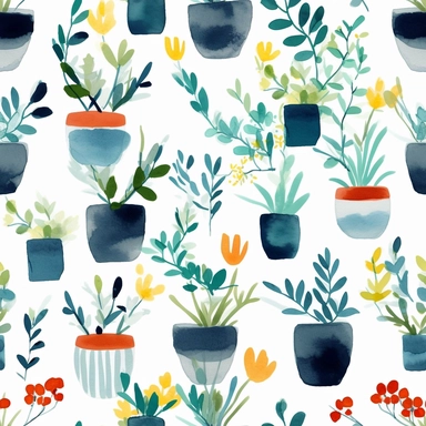seamless pattern, colorful abstract pot plant, modern art, light blue colors, watercolor clipart, white background, minimalist, abstract, simplistic