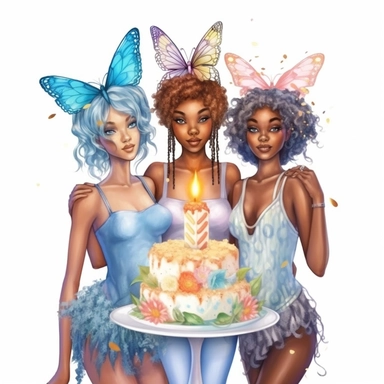 watercolor Birthday 2 or 3 Fairies (black skin) Clipart, Illustration clipart, 4K, extremely detailed Sublimation Clipart,Cartoon,hyper realistic, intricate detail, illustration style,high solution,on the white background