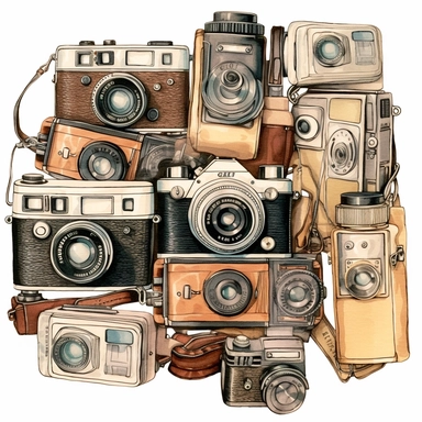 Clipart, digital illustration, detailed, realistic. Neutral colors. Old Cameras and phones, cute