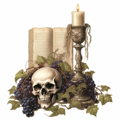 gothic clipart, skulls, books and ivy. goblets, candles