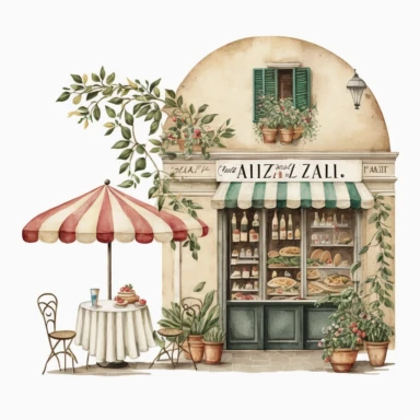Italian vintage shop clipart, Italian cafe, Italian cafe illustration, white background, no caption, no text