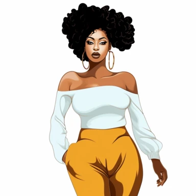 vector clipart.. 300dpi clipart illustration of beautiful melanin female wearing mustard yellow and white.. white background.. drawn with smooth thick black lines
