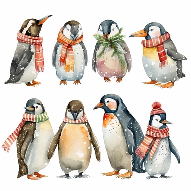 Christmas Penguins, watercolor clipart, isolated white background