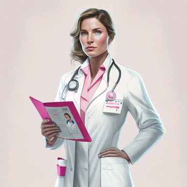 Female doctor, white lab coat, clipped ID badge, pink latex gloves, clipboard, stethoscope