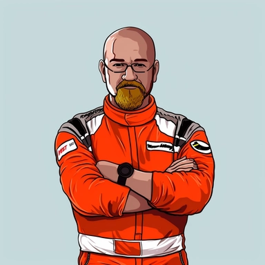 create a illustrator free, cartoon character, marketing clipart, of powerful race driver with attitude. arms folded. full beard:5 using this image as a base