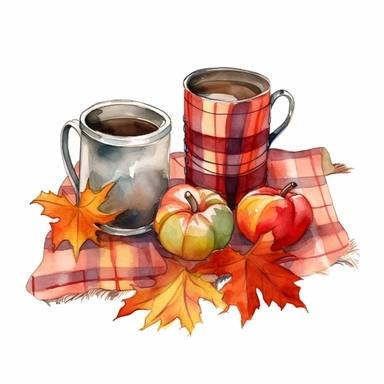 Two tin cups with tea, checkered blanket, autumn leaves, watercolor, clipart, white background