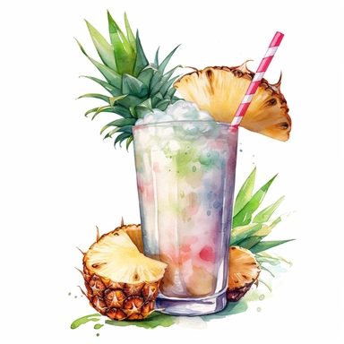 A refreshing pineapple and coconut cooler in a tall glass, with a slice of pineapple and a tiny umbrella on top , Watercolor, pastels, clipart, beautiful, colourfull, png transparent white background, high resolution, no caption q4 s2