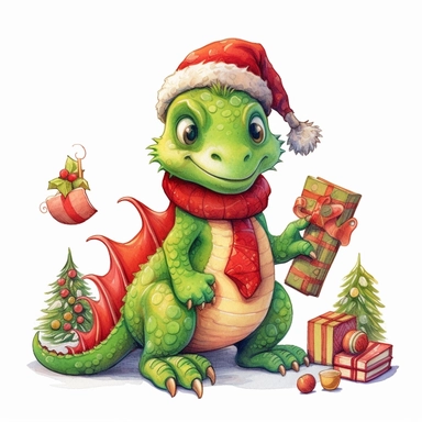 cute funny avocado green dragon, christmas tree with toys, red cardigan, snow, winter, style by Lusy Fleming, folk art, watercolor, clipart elements, smooth gradients, black contour outline, ultra detailed, white background, super clear, high quality