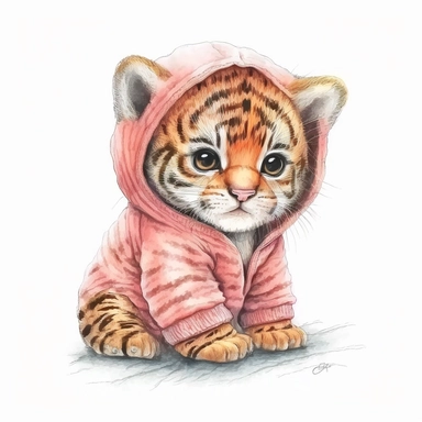 watercolor and pencil sketch of happy cute baby tiger with big eyes wearing baby pajamas, pastel pink, hyper detailed, white background, 4k, hd, clipart