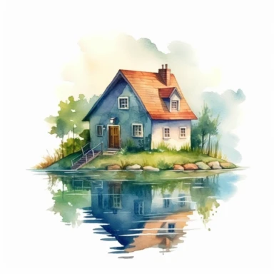Watercolour small house on a lake, clipart on white background, no watermark, highly detailed, professional color gradation, clean sharpness