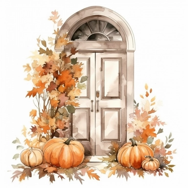 White front door, pumpkins, autumn leaves, beige color, watercolor, clipart, white background