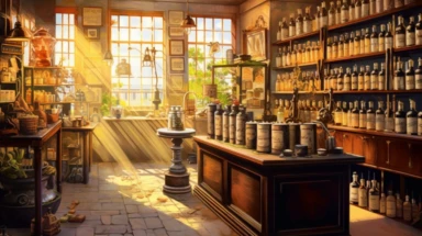 illustration, realistic interior of a vintage 1896 perfumery and pharmacy with some perfume bottle boxes incense boxes, atmospheric sunset lighting, Clipart, watercolor, realistic, full building, highly detailed, hdr, 32K, photo expert quality, watercolor realistic, hyperrealistic and highly detailed