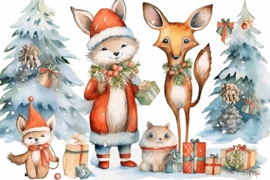 christmas in woodland clipart, drawing, image, in the style of watercolor illustrations, elaborate