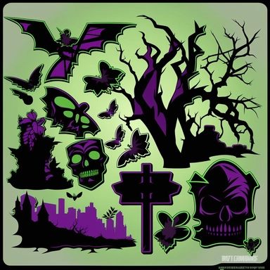 clipart model sheet of various psychobilly elements of design like dead trees, bats, coffins, that would fit in a psychobilly style Hawaiian pattern, using shades of black, purple and green
