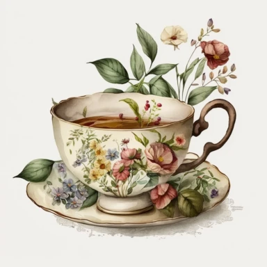 Vintage old school floral tea cup, watercolour clipart, with tea food
