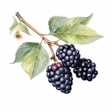 An endearing watercolor black berry clipart of black berry bunch with branches 300DPI