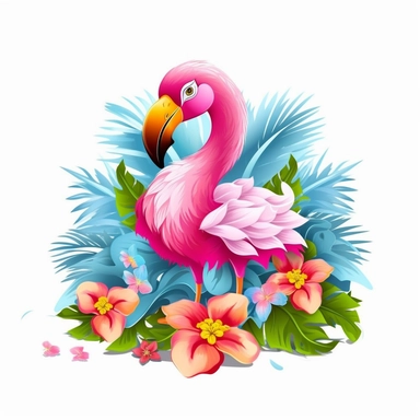 vibrant colored baby flamingo with beautiful frangipani flower, Valentine's Day, clipart, without text in the picture, white background, isolated on white, logo design