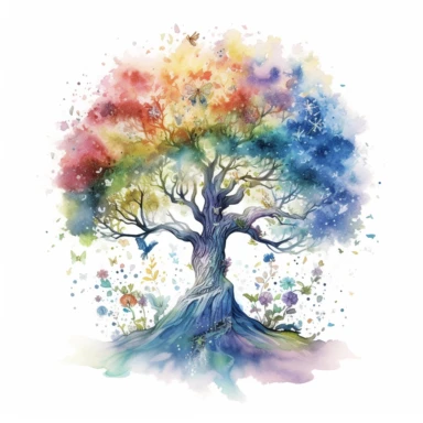 a watercolor magical tree in fairytale-inspired clipart, where intricate details and whimsical charm come together to create a captivating portrayal of nature's mystical wonder, imposing figure, white background, 8k